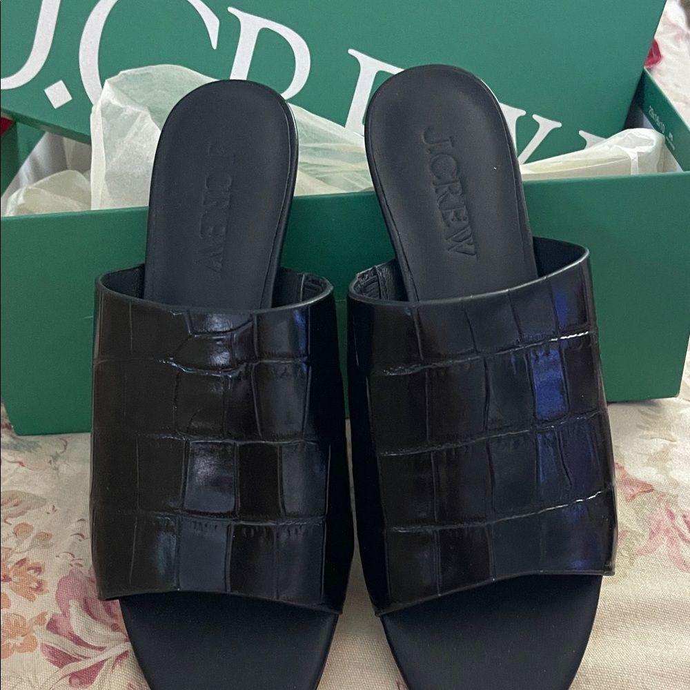 J. Crew Black Croc-Embossed Mules kitten heel. Never worn. New in the box.